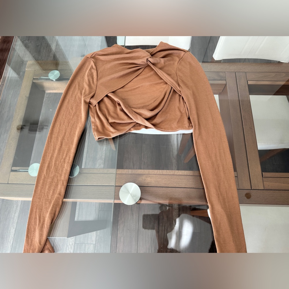 Elegant Tan Twist-Front Long Sleeve Top